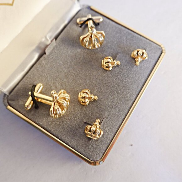 Vintage Mens Gold Crown Cufflinks Stud Set - Picture 2 of 3